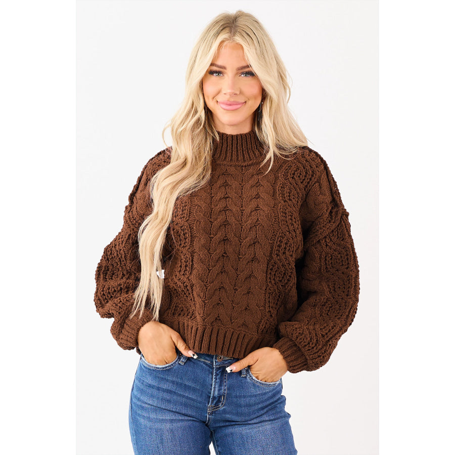 Coffee Solid Color Cable Knit High Neck Loose Pullover Sweater Sweaters & Cardigans/Sweaters