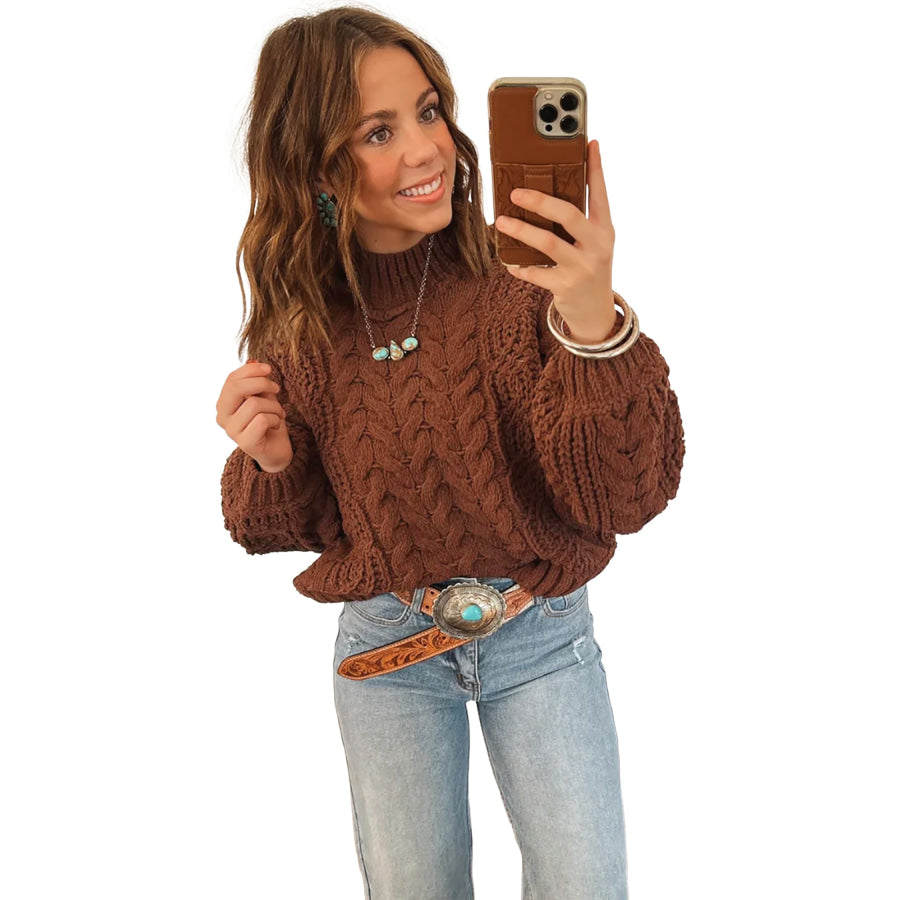 Coffee Solid Color Cable Knit High Neck Loose Pullover Sweater Sweaters & Cardigans/Sweaters