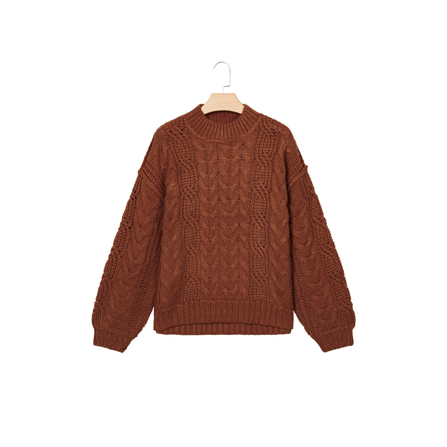 Coffee Solid Color Cable Knit High Neck Loose Pullover Sweater Sweaters & Cardigans/Sweaters