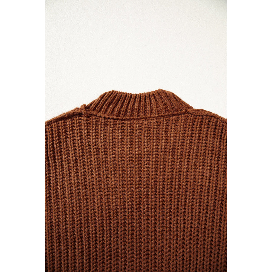 Coffee Solid Color Cable Knit High Neck Loose Pullover Sweater Sweaters & Cardigans/Sweaters