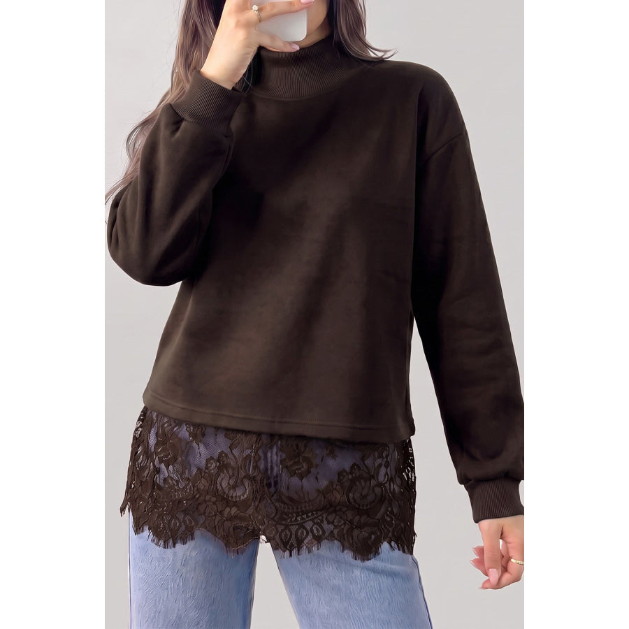 Coffee Solid Color High Neck Lace Splicing Hem Pullover Sweatshirt / S Tops/Sweatshirts & Hoodies