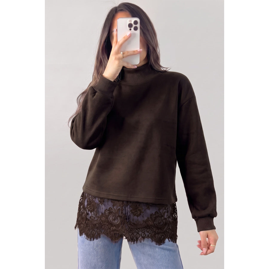 Coffee Solid Color High Neck Lace Splicing Hem Pullover Sweatshirt / S Tops/Sweatshirts & Hoodies
