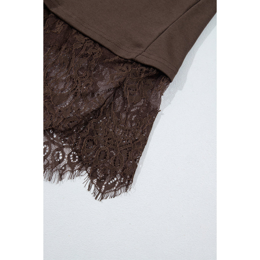 Coffee Solid Color High Neck Lace Splicing Hem Pullover Sweatshirt Tops/Sweatshirts & Hoodies