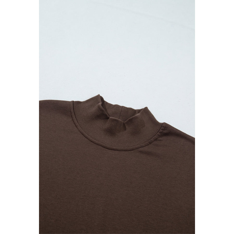 Coffee Solid Color High Neck Lace Splicing Hem Pullover Sweatshirt Tops/Sweatshirts & Hoodies