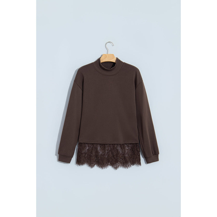 Coffee Solid Color High Neck Lace Splicing Hem Pullover Sweatshirt Tops/Sweatshirts & Hoodies