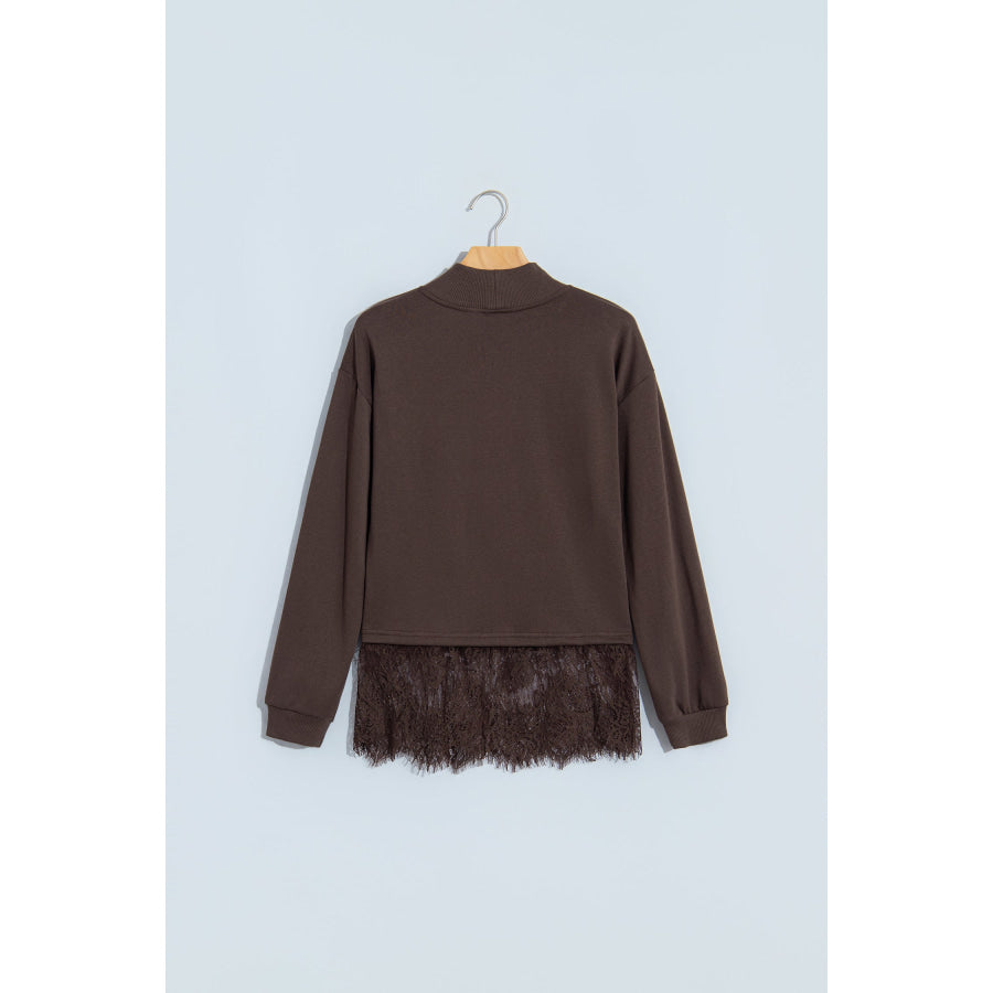 Coffee Solid Color High Neck Lace Splicing Hem Pullover Sweatshirt Tops/Sweatshirts & Hoodies