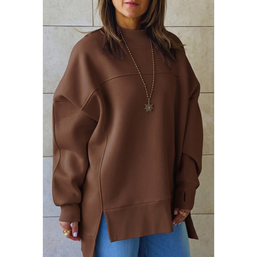 Coffee Solid Color Oversized Mock Neck Split Hem Tunic Sweatshirt / S / 50% Polyester + 50% Cotton Tops/Sweatshirts & Hoodies