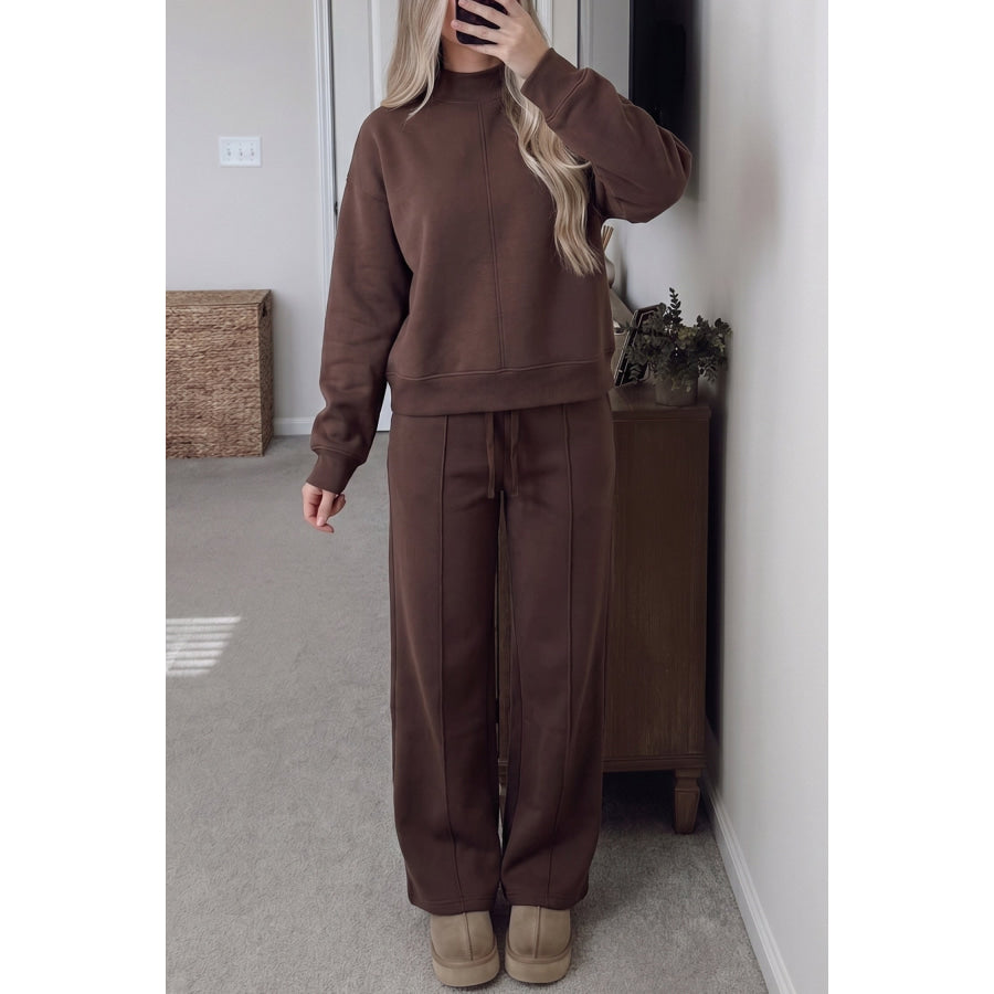 Coffee Solid Color Piping Trim Mock Neck Pullover Drawstring Pants Set / S / 65% Polyester + 35% Cotton Two Piece Sets/Pant Sets