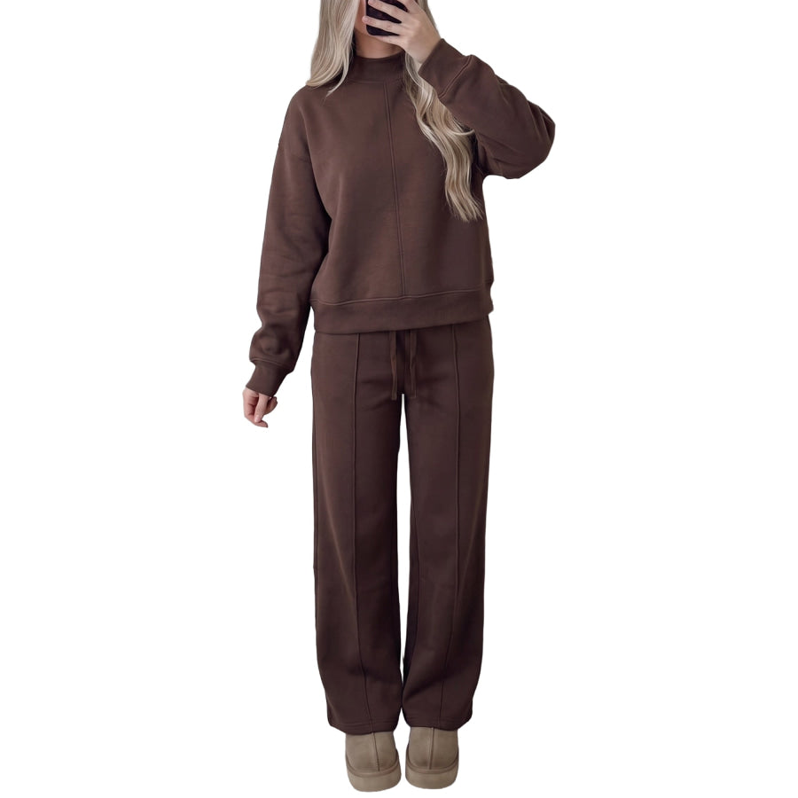 Coffee Solid Color Piping Trim Mock Neck Pullover Drawstring Pants Set Two Piece Sets/Pant Sets
