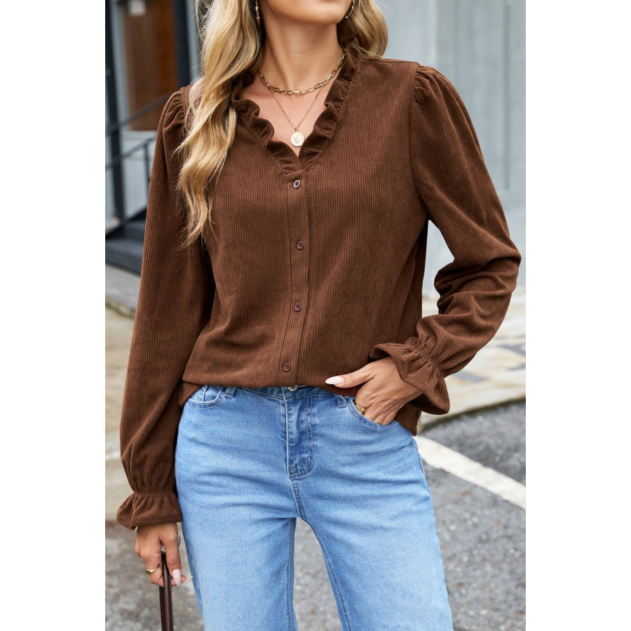 Coffee Solid Color Ruffle Trim V Neck Long Sleeve Button Corduroy Shakcet Outerwear/Jackets