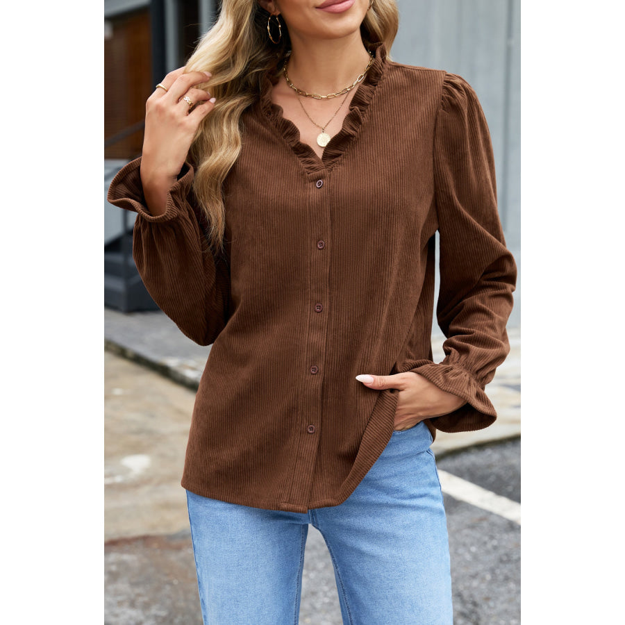 Coffee Solid Color Ruffle Trim V Neck Long Sleeve Button Corduroy Shakcet Outerwear/Jackets