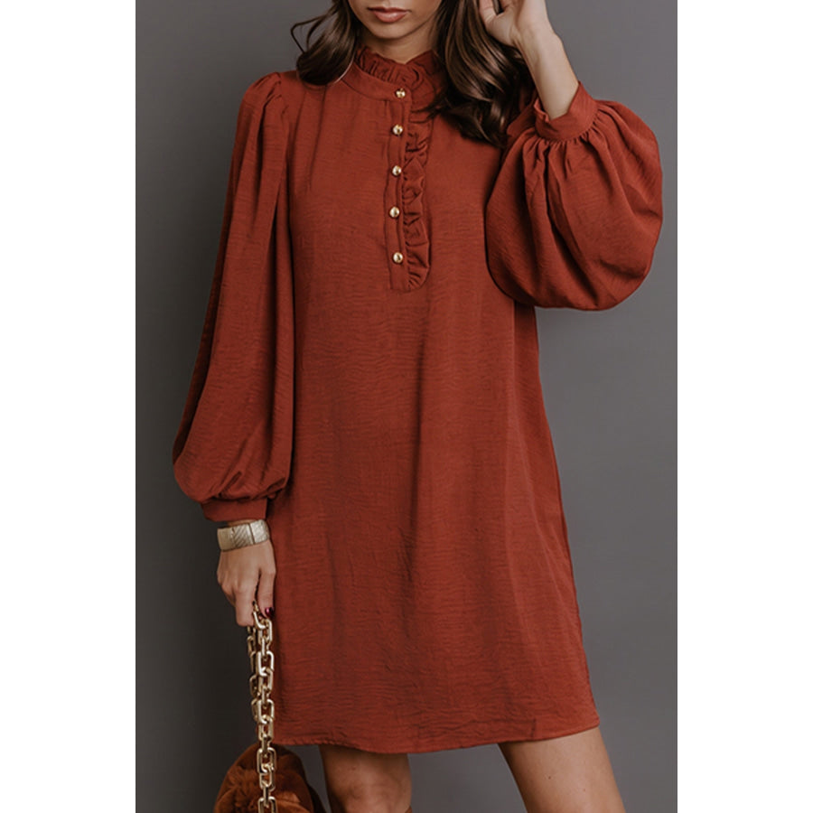 Coffee Solid Shift Long Sleeve Short Length One Piece Dress Dresses/Mini Dresses