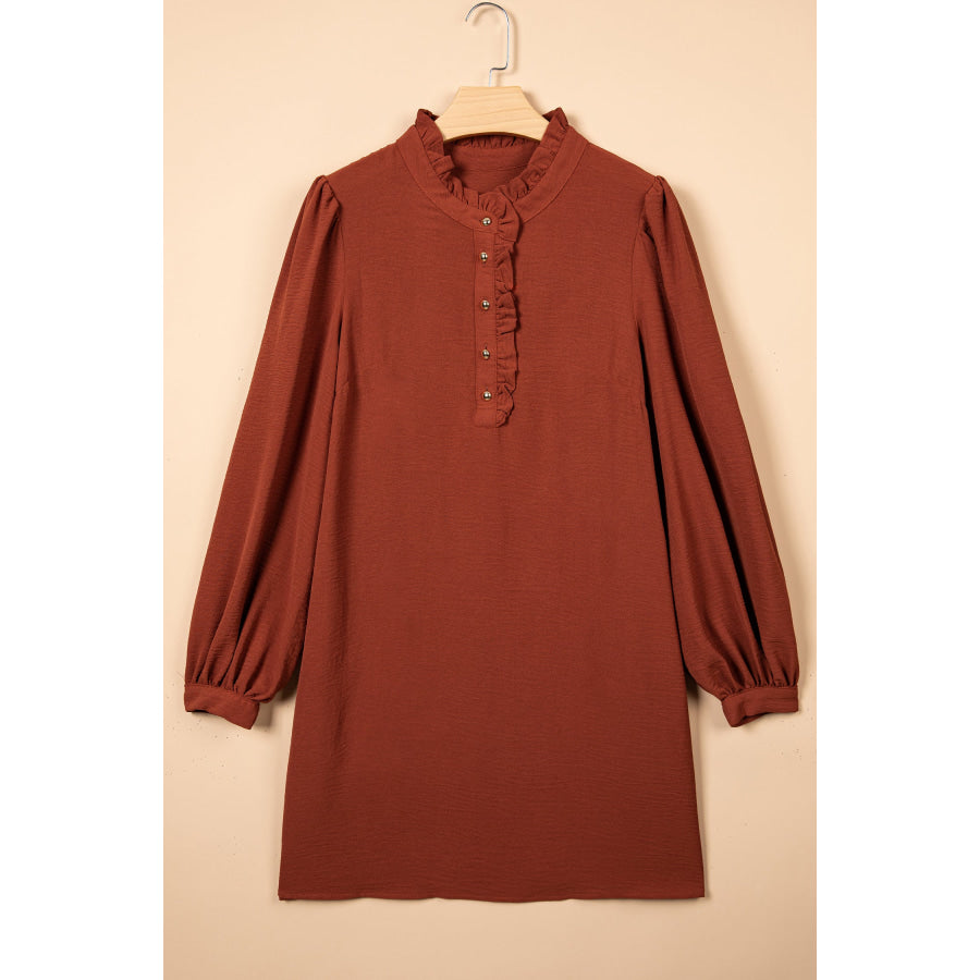 Coffee Solid Shift Long Sleeve Short Length One Piece Dress Dresses/Mini Dresses