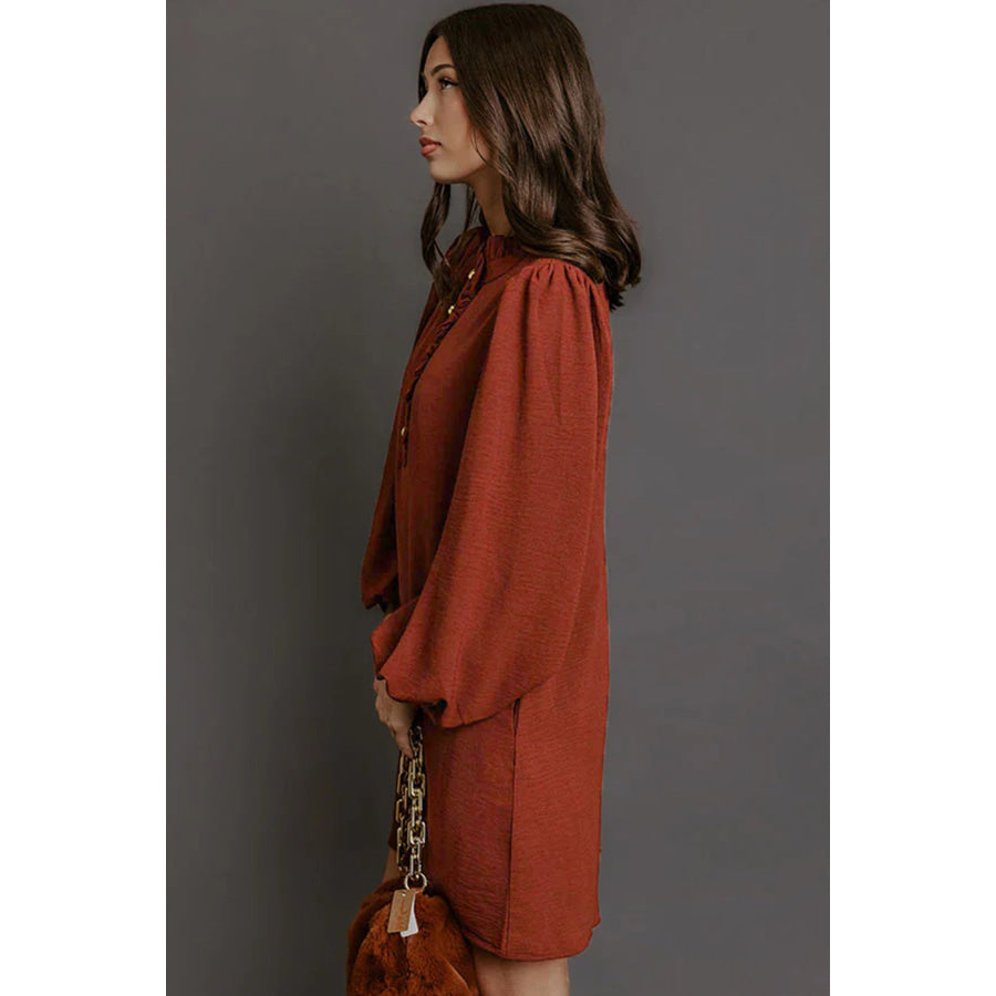 Coffee Solid Shift Long Sleeve Short Length One Piece Dress Dresses/Mini Dresses