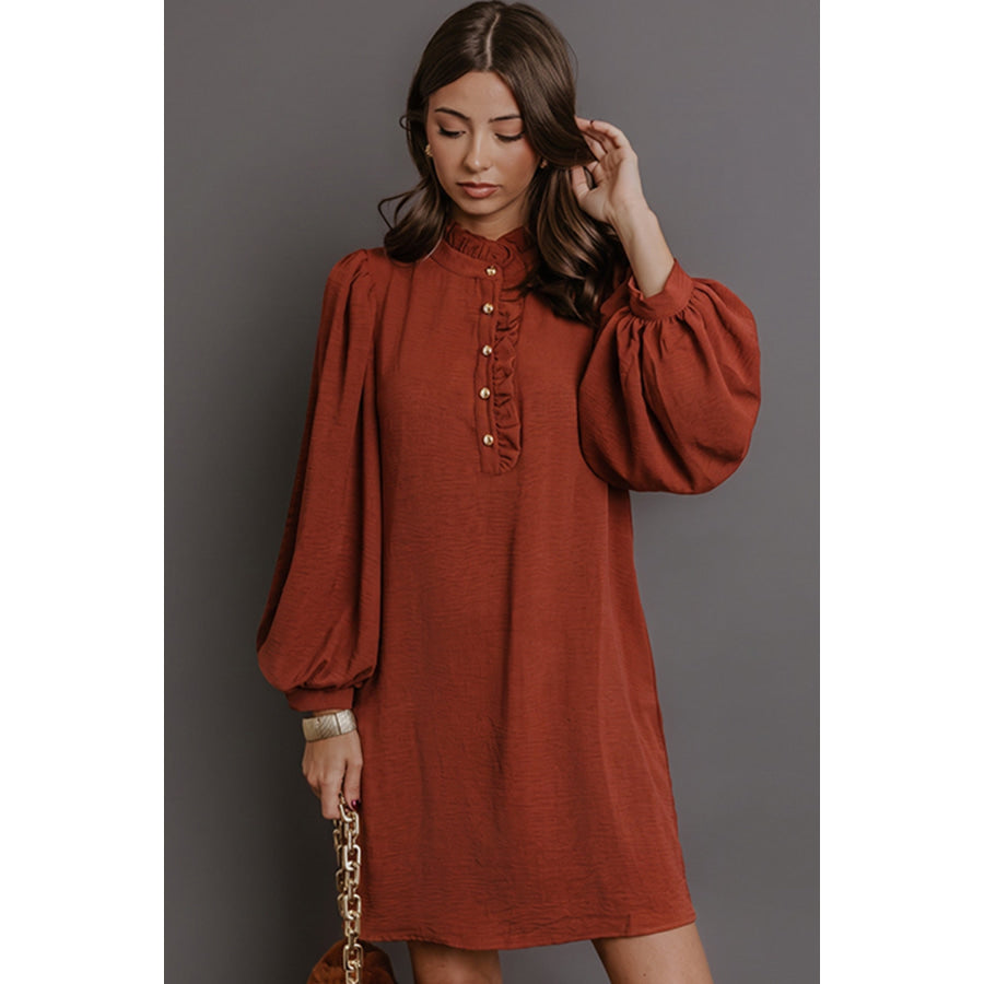 Coffee Solid Shift Long Sleeve Short Length One Piece Dress Dresses/Mini Dresses