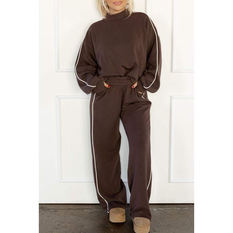 Coffee Sporty Piping Trim Mock Neck Pullover Relaxed 2pcs Pant Set Coffee / S Two Piece Sets/Pant Sets