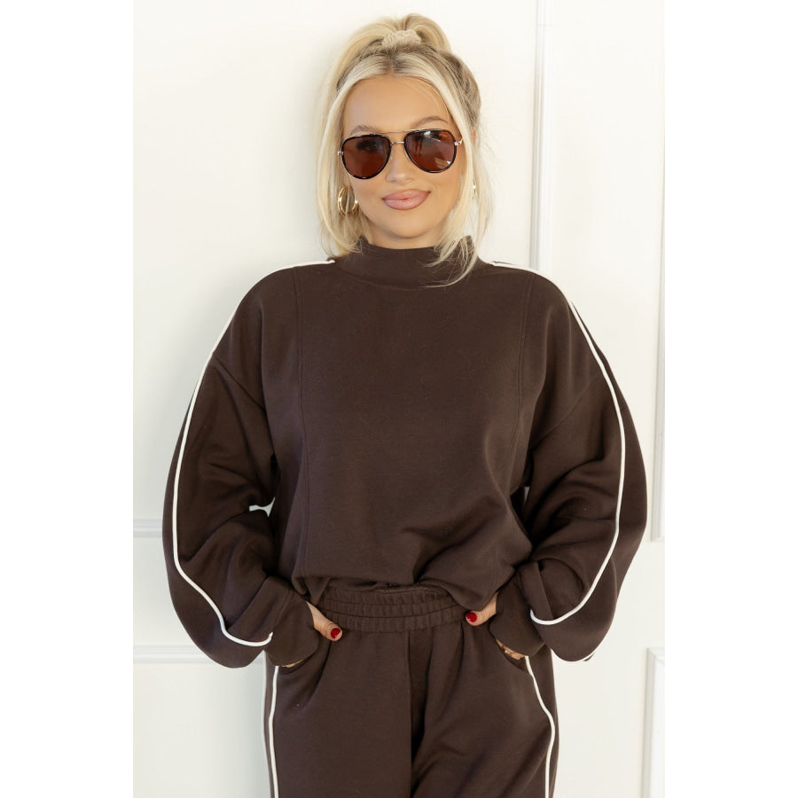 Coffee Sporty Piping Trim Mock Neck Pullover Relaxed 2pcs Pant Set Two Piece Sets/Pant Sets