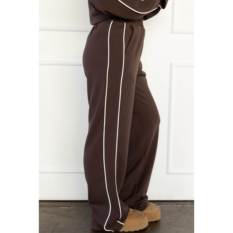 Coffee Sporty Piping Trim Mock Neck Pullover Relaxed 2pcs Pant Set Two Piece Sets/Pant Sets