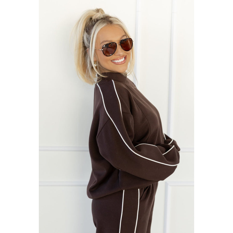 Coffee Sporty Piping Trim Mock Neck Pullover Relaxed 2pcs Pant Set Two Piece Sets/Pant Sets