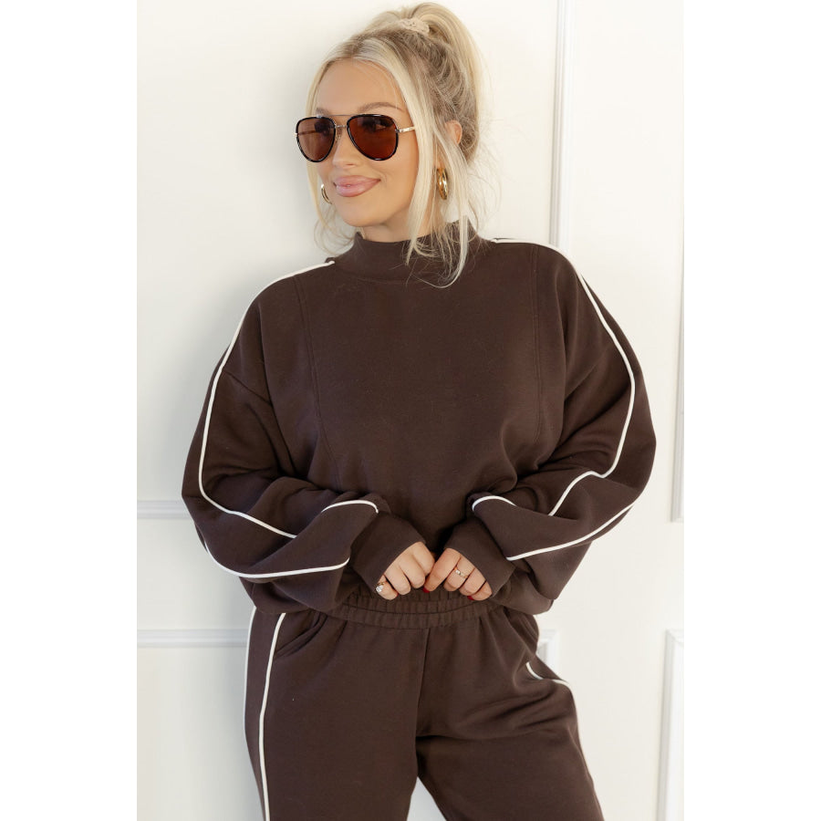 Coffee Sporty Piping Trim Mock Neck Pullover Relaxed 2pcs Pant Set Two Piece Sets/Pant Sets