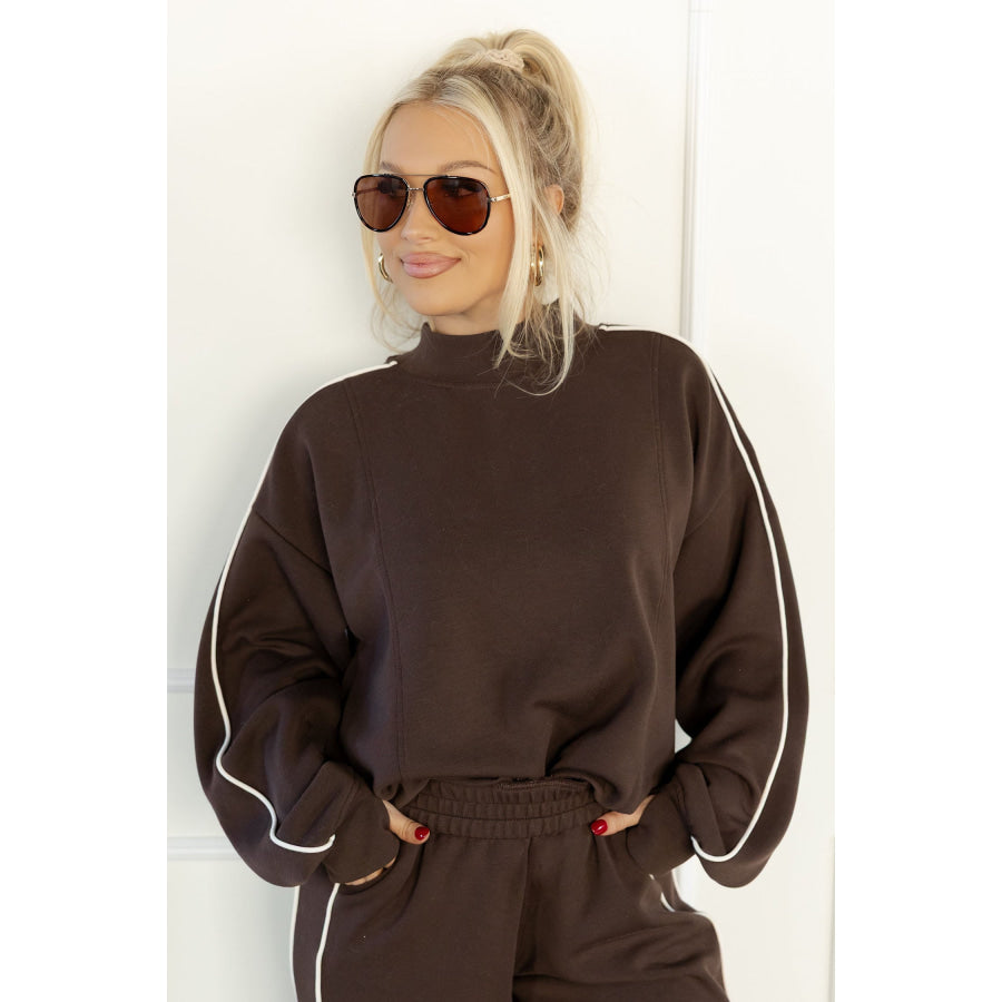 Coffee Sporty Piping Trim Mock Neck Pullover Relaxed 2pcs Pant Set Two Piece Sets/Pant Sets