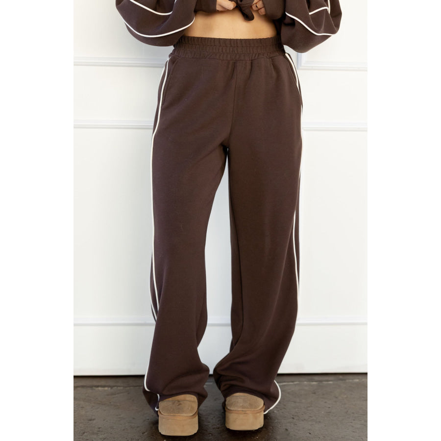Coffee Sporty Piping Trim Mock Neck Pullover Relaxed 2pcs Pant Set Two Piece Sets/Pant Sets