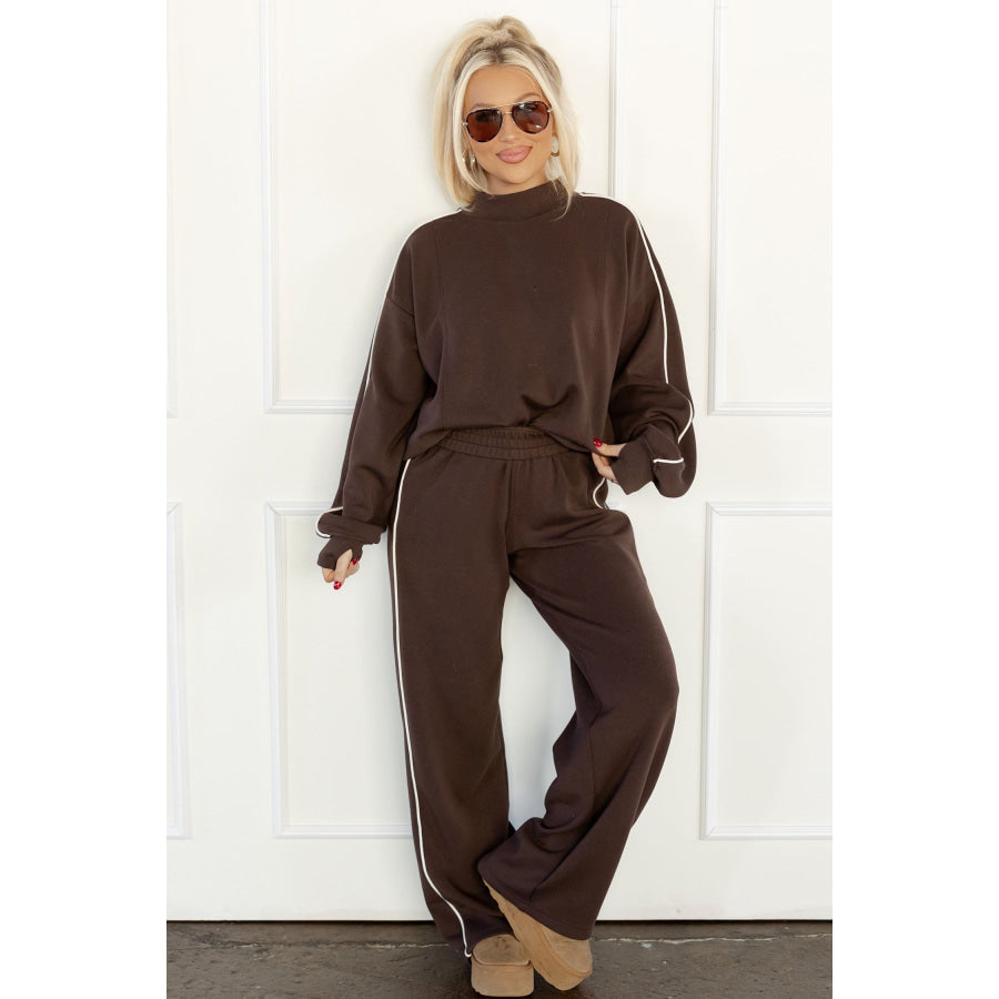 Coffee Sporty Piping Trim Mock Neck Pullover Relaxed 2pcs Pant Set Two Piece Sets/Pant Sets