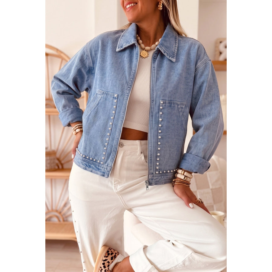 Coffee Studded Metal Zipper Rivet Pockets Long Sleeve Denim Jacket Beau Blue / S / 74.7% Cotton + 16.5% Polyester + 8.8% Regenerated Fibre