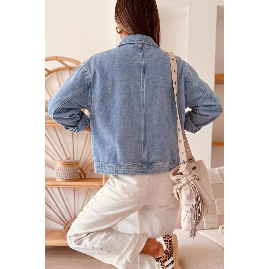 Coffee Studded Metal Zipper Rivet Pockets Long Sleeve Denim Jacket Outerwear/Denim jackets