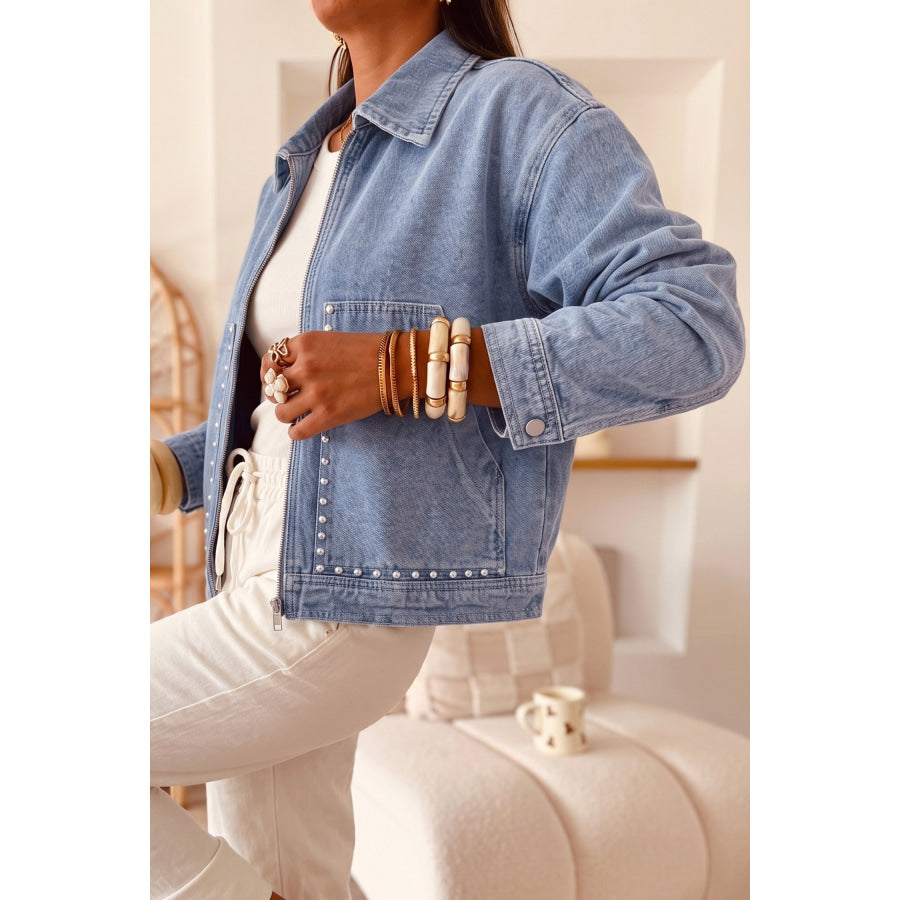 Coffee Studded Metal Zipper Rivet Pockets Long Sleeve Denim Jacket Outerwear/Denim jackets