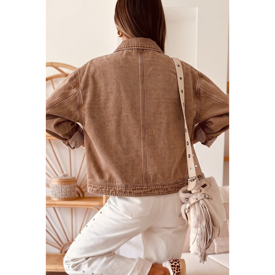Coffee Studded Metal Zipper Rivet Pockets Long Sleeve Denim Jacket / S / 74.7% Cotton + 16.5% Polyester + 8.8% Regenerated Fibre