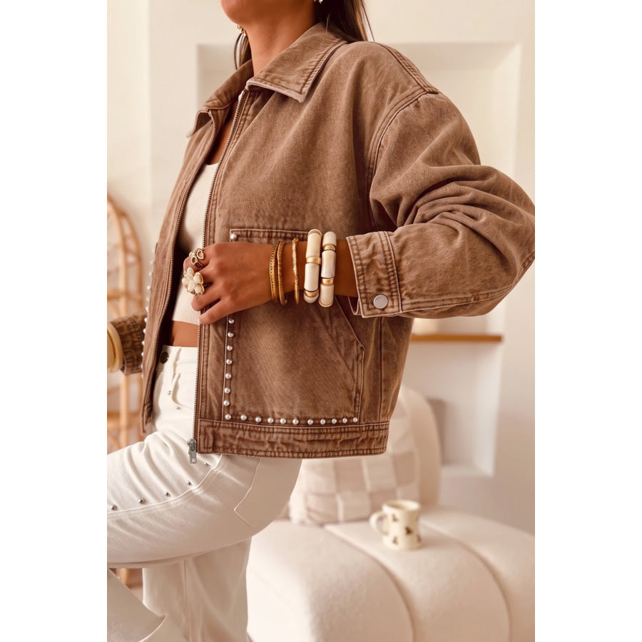 Coffee Studded Metal Zipper Rivet Pockets Long Sleeve Denim Jacket Outerwear/Denim jackets