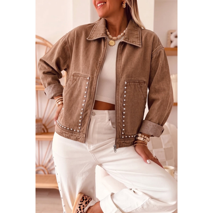 Coffee Studded Metal Zipper Rivet Pockets Long Sleeve Denim Jacket / S / 74.7% Cotton + 16.5% Polyester + 8.8% Regenerated Fibre