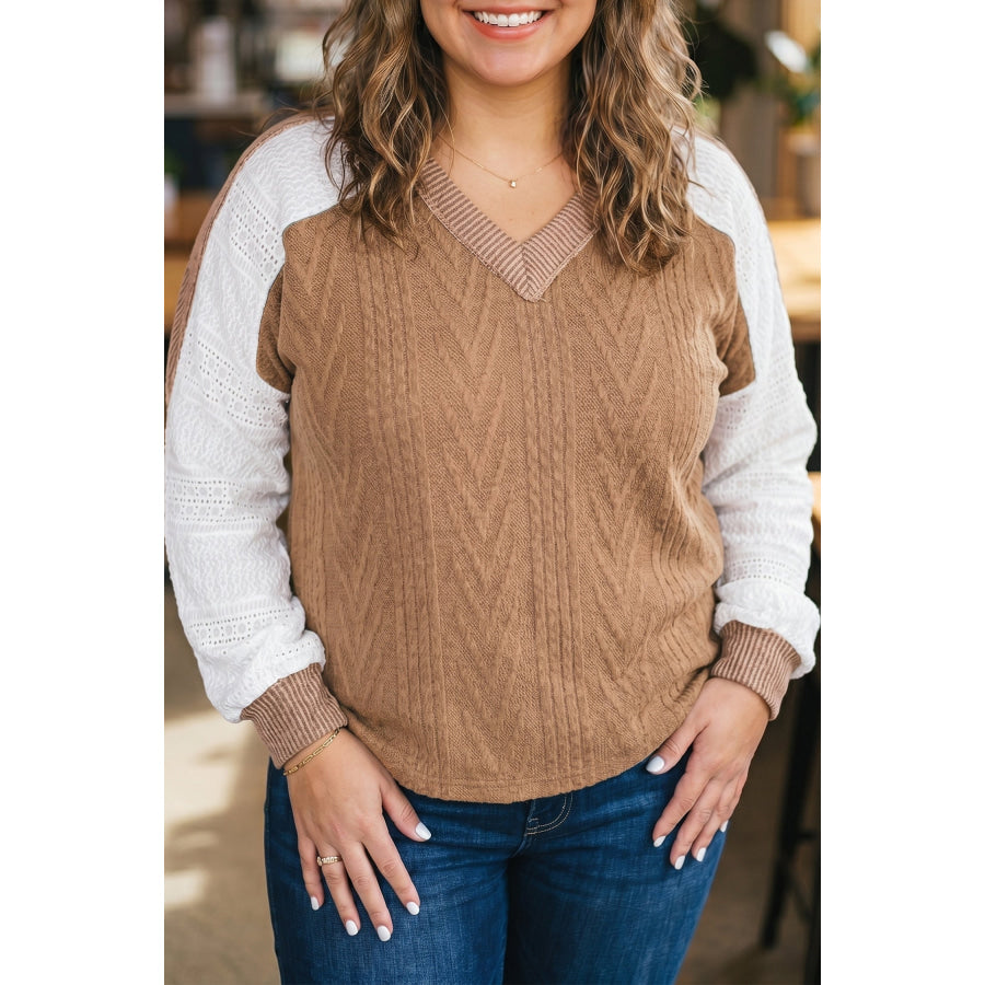 Coffee V Neck Lace Sleeve Patchwork Plus Size Blouse Coffee / 1X / 97% Polyester + 3% Elastane Plus Size/Plus Size Tops/Plus Size Long