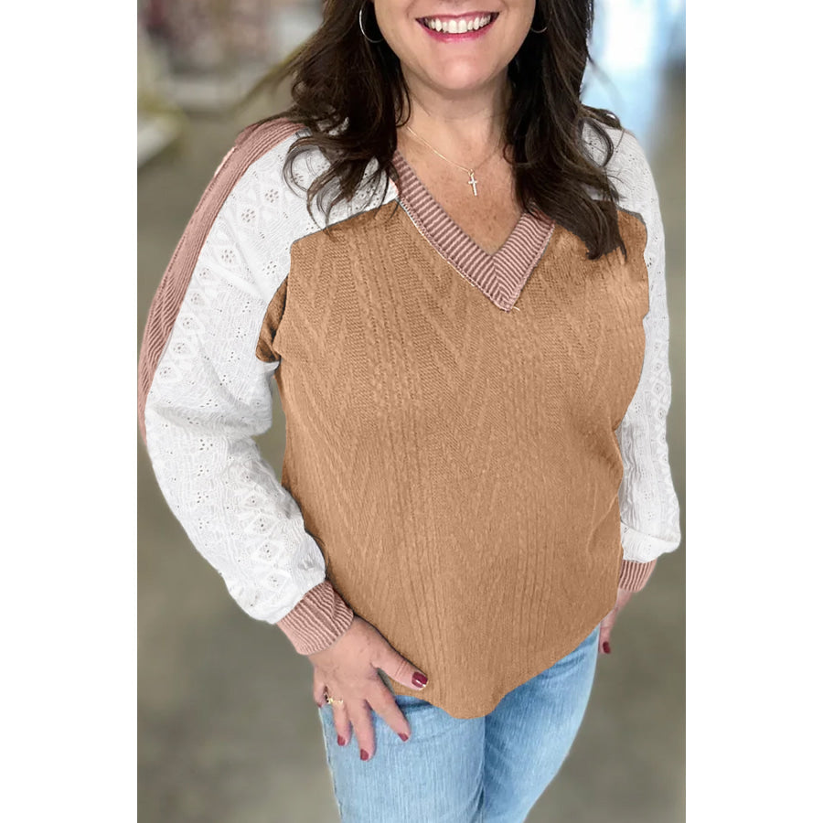 Coffee V Neck Lace Sleeve Patchwork Plus Size Blouse Plus Size/Plus Size Tops/Plus Size Long Sleeve Tops