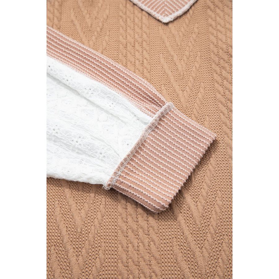 Coffee V Neck Lace Sleeve Patchwork Plus Size Blouse Plus Size/Plus Size Tops/Plus Size Long Sleeve Tops