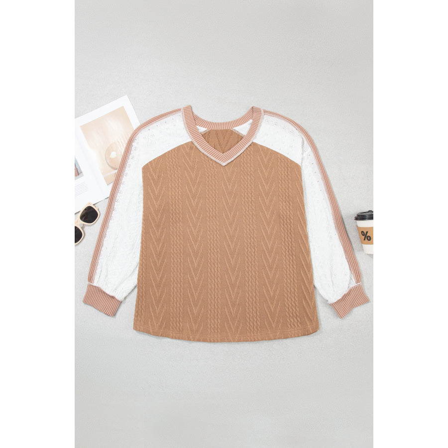 Coffee V Neck Lace Sleeve Patchwork Plus Size Blouse Plus Size/Plus Size Tops/Plus Size Long Sleeve Tops
