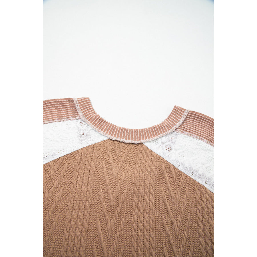 Coffee V Neck Lace Sleeve Patchwork Plus Size Blouse Plus Size/Plus Size Tops/Plus Size Long Sleeve Tops