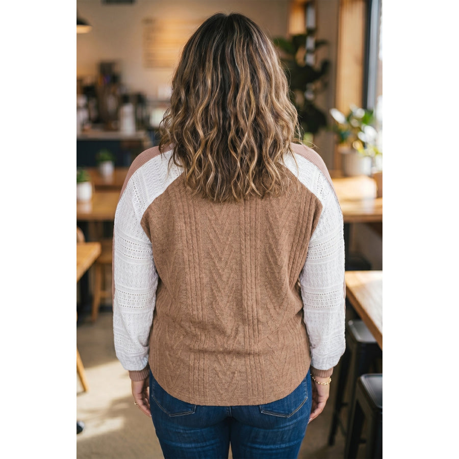 Coffee V Neck Lace Sleeve Patchwork Plus Size Blouse Coffee / 1X / 97% Polyester + 3% Elastane Plus Size/Plus Size Tops/Plus Size Long