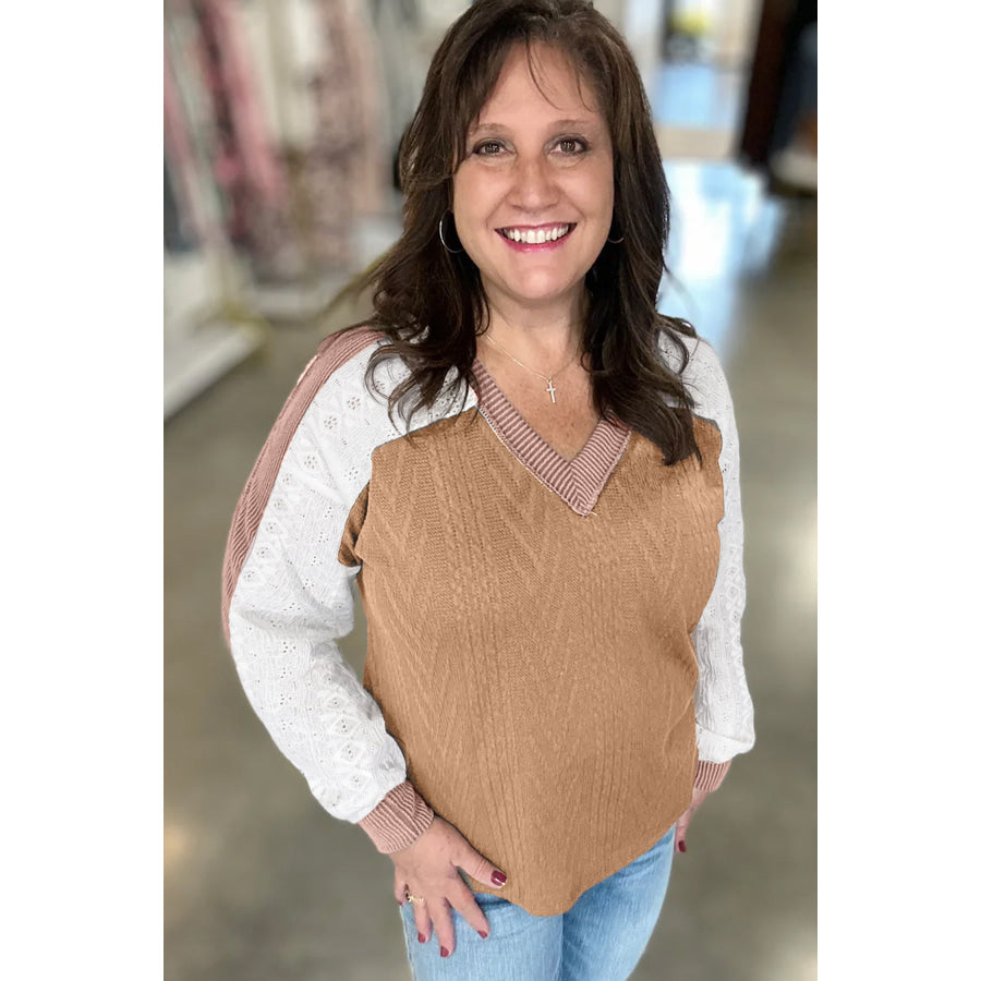 Coffee V Neck Lace Sleeve Patchwork Plus Size Blouse Plus Size/Plus Size Tops/Plus Size Long Sleeve Tops