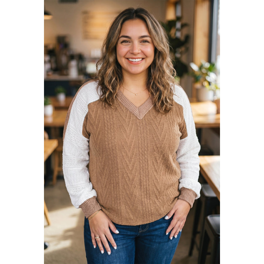 Coffee V Neck Lace Sleeve Patchwork Plus Size Blouse Plus Size/Plus Size Tops/Plus Size Long Sleeve Tops
