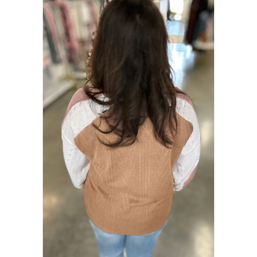 Coffee V Neck Lace Sleeve Patchwork Plus Size Blouse Plus Size/Plus Size Tops/Plus Size Long Sleeve Tops