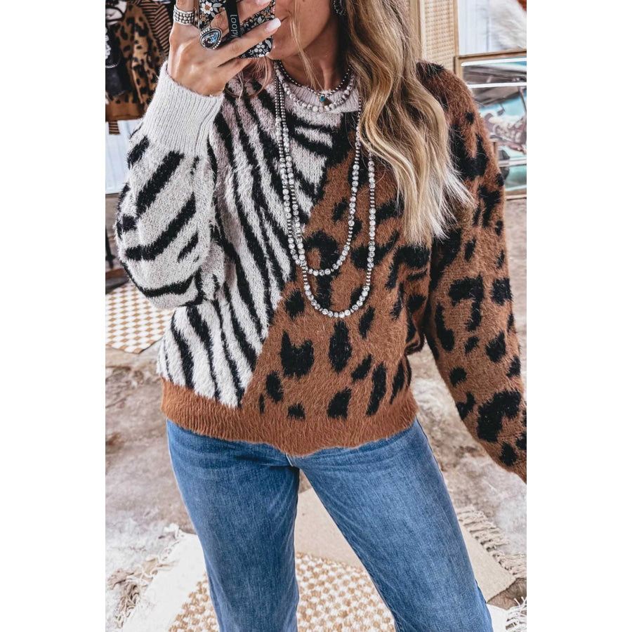 Coffee Western Leopard Zebra Print Long Sleeve Round Neck Sweater / S Sweaters & Cardigans/Sweaters