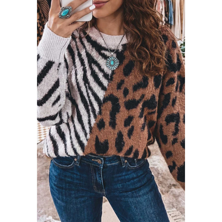 Coffee Western Leopard Zebra Print Long Sleeve Round Neck Sweater / S Sweaters & Cardigans/Sweaters