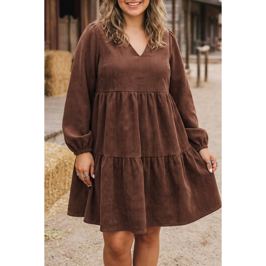 Coffee Winter Corduroy V Neck Long Sleeve Plus Size Mini Dress Coffee / 1X Plus Size/Plus Size Dresses/Plus Size Mini Dresses