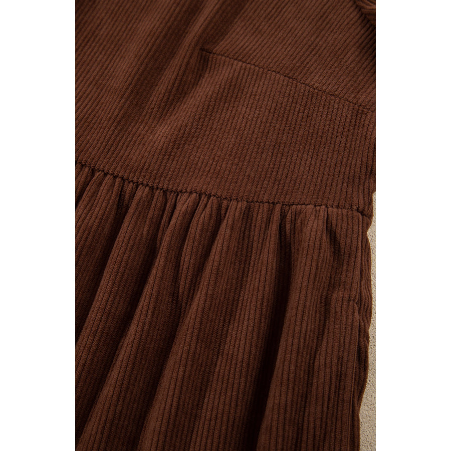 Coffee Winter Corduroy V Neck Long Sleeve Plus Size Mini Dress Plus Size/Plus Size Dresses/Plus Size Mini Dresses