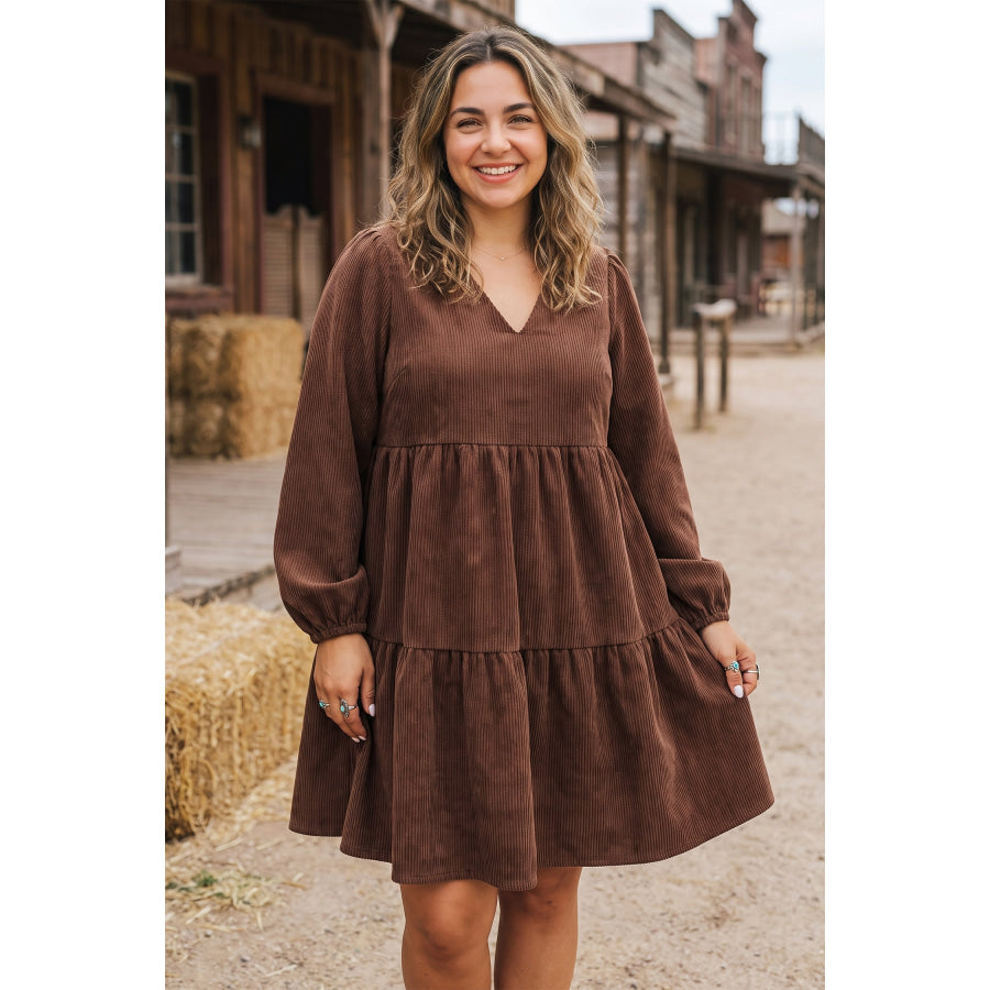 Coffee Winter Corduroy V Neck Long Sleeve Plus Size Mini Dress Coffee / 1X Plus Size/Plus Size Dresses/Plus Size Mini Dresses