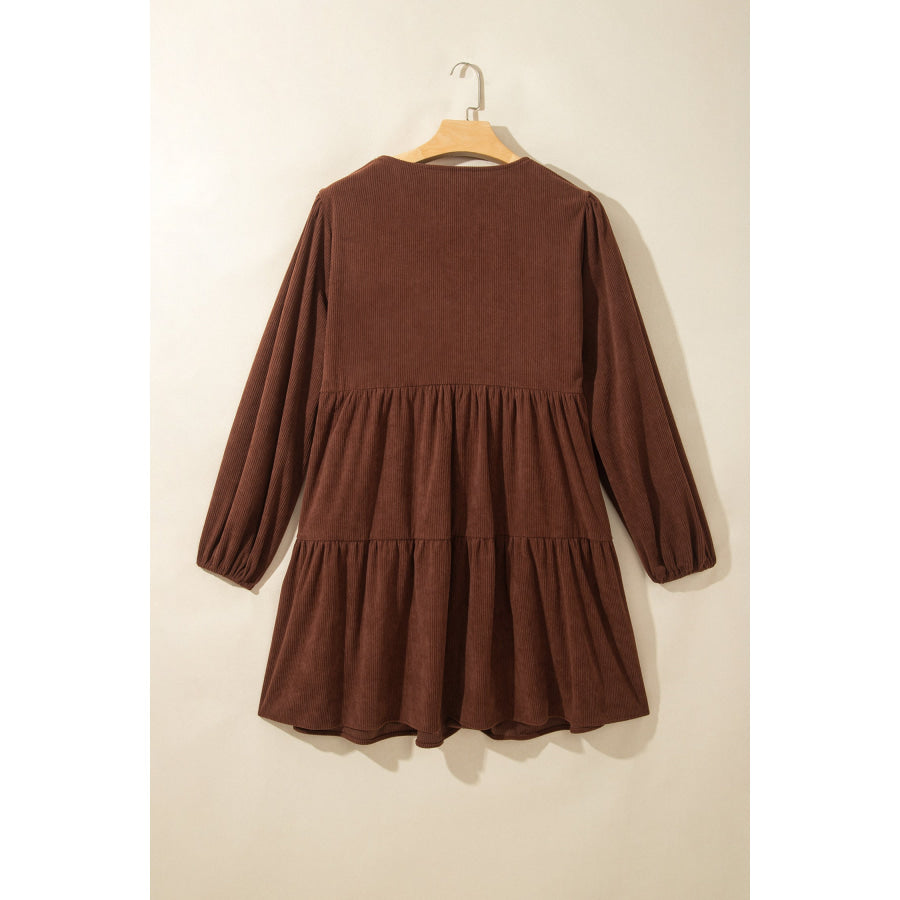 Coffee Winter Corduroy V Neck Long Sleeve Plus Size Mini Dress Plus Size/Plus Size Dresses/Plus Size Mini Dresses