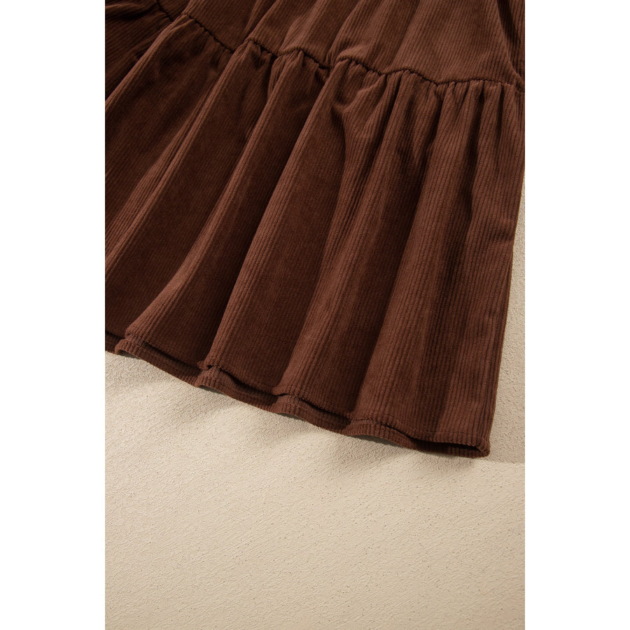 Coffee Winter Corduroy V Neck Long Sleeve Plus Size Mini Dress Plus Size/Plus Size Dresses/Plus Size Mini Dresses
