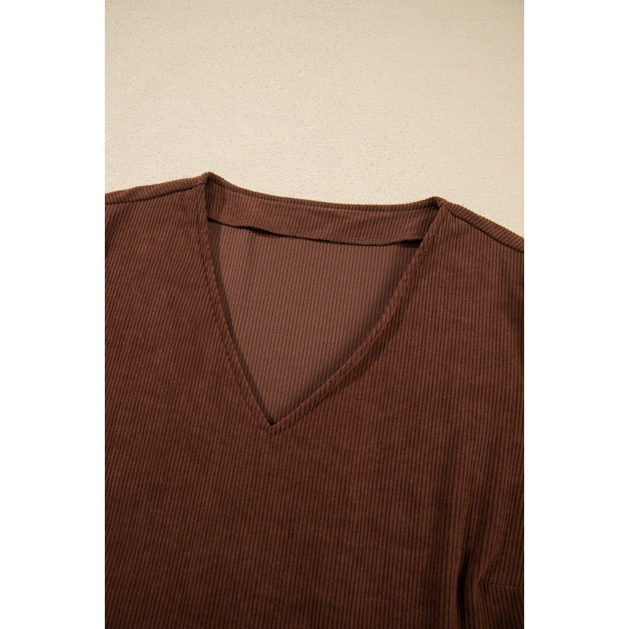 Coffee Winter Corduroy V Neck Long Sleeve Plus Size Mini Dress Plus Size/Plus Size Dresses/Plus Size Mini Dresses